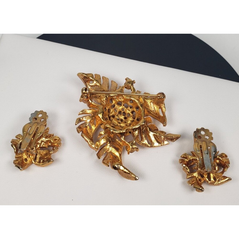 Vintage Flower Orange Yellow Crystal Rhinestone Leaf Brooch Clip On Earring Set - Picture 8 of 16